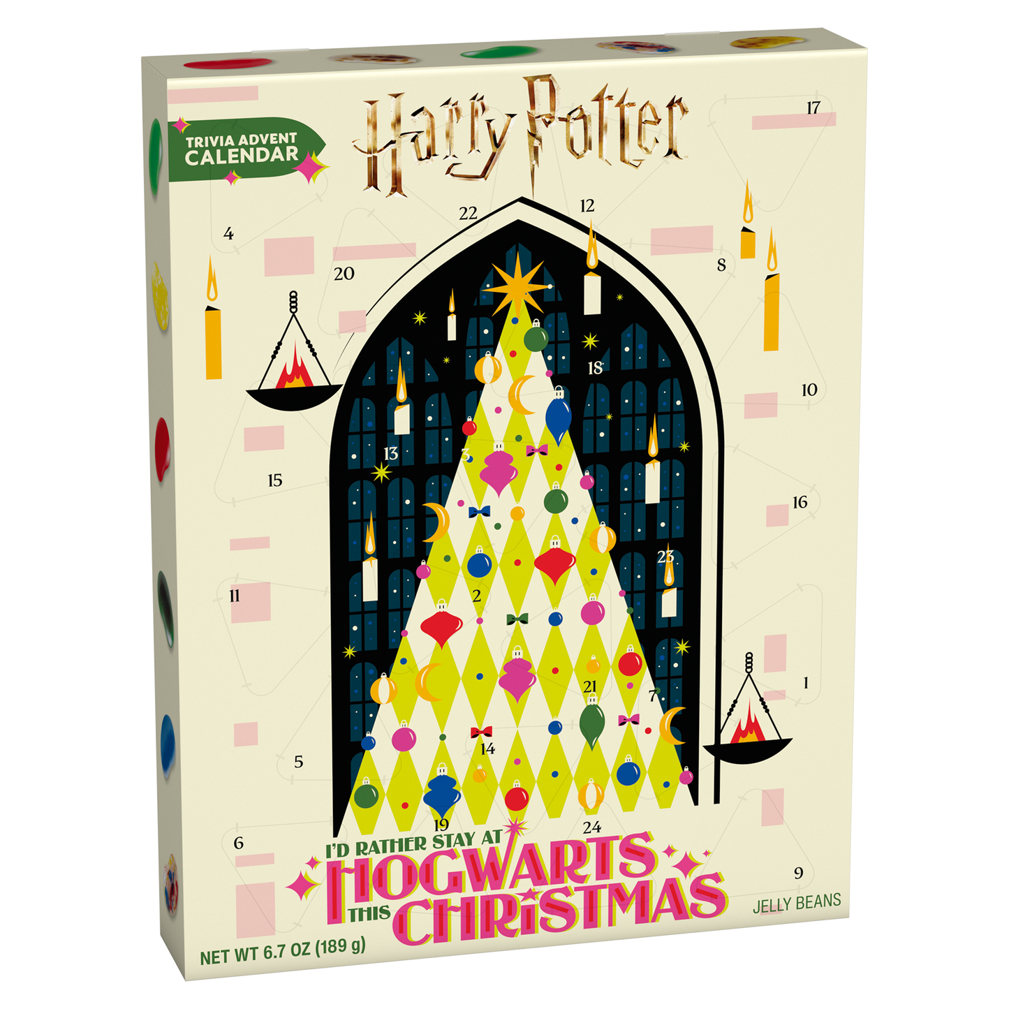 Harry Potter Jelly Bean Advent Calendar box featuring a colorful Christmas tree design inside an arched window, with numbered compartments and candy-themed illustrations on a cream background.