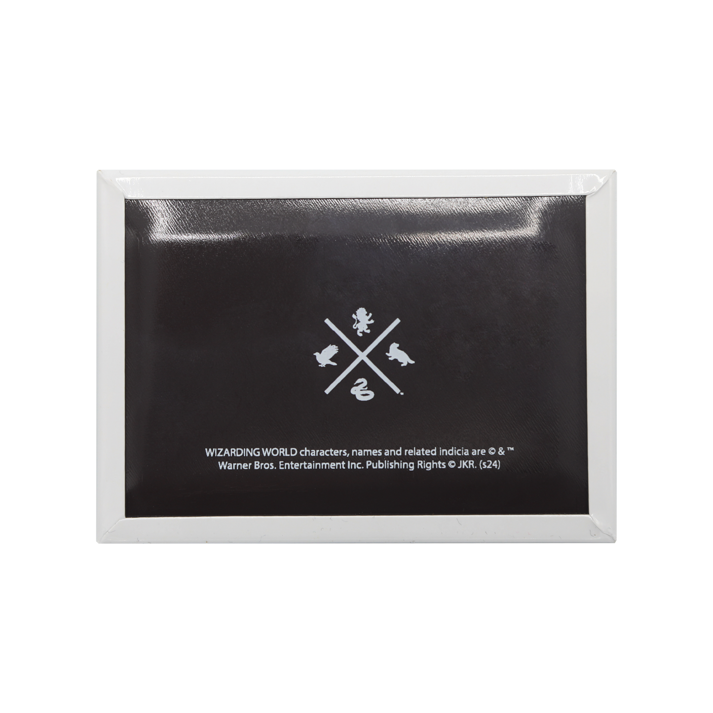 Black magnet backing with a logo and text