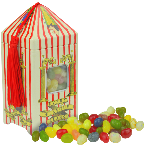 Decorated box resembling Bertie Bott's Every Flavour Beans tin with a window showing colorful jellybeans spilling out.