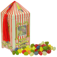 Decorated box resembling Bertie Bott's Every Flavour Beans tin with a window showing colorful jellybeans spilling out.