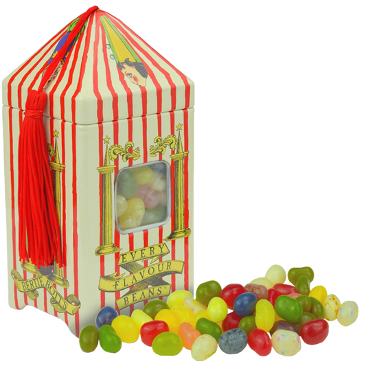 Decorated box resembling Bertie Bott's Every Flavour Beans tin with a window showing colorful jellybeans spilling out.
