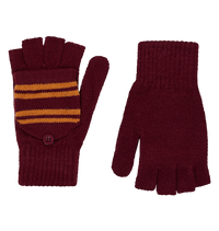 A pair of Gryffindor knitted mitten-capped gloves with burgundy colour and yellow stripes.