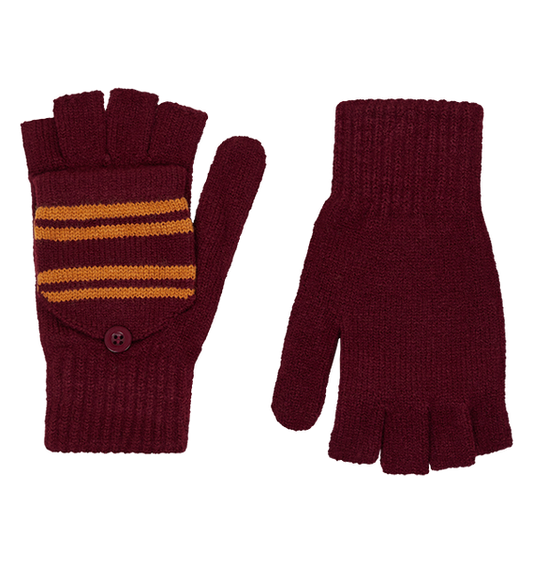 A pair of Gryffindor knitted mitten-capped gloves with burgundy colour and yellow stripes.