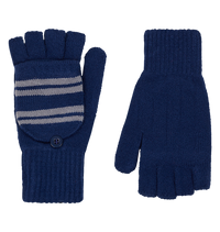 A pair of navy-blue knitted gloves with grey stripes and the Ravenclaw house crest from Harry Potter embroidered on the center.