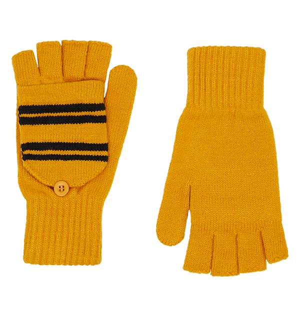 A pair of yellow Hufflepuff-themed knitted mitten capped gloves with black stripes and the Hufflepuff house crest embroidered on the center.