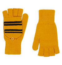 A pair of yellow Hufflepuff-themed knitted mitten capped gloves with black stripes and the Hufflepuff house crest embroidered on the center.