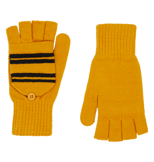 A pair of yellow Hufflepuff-themed knitted mitten capped gloves with black stripes and the Hufflepuff house crest embroidered on the center.