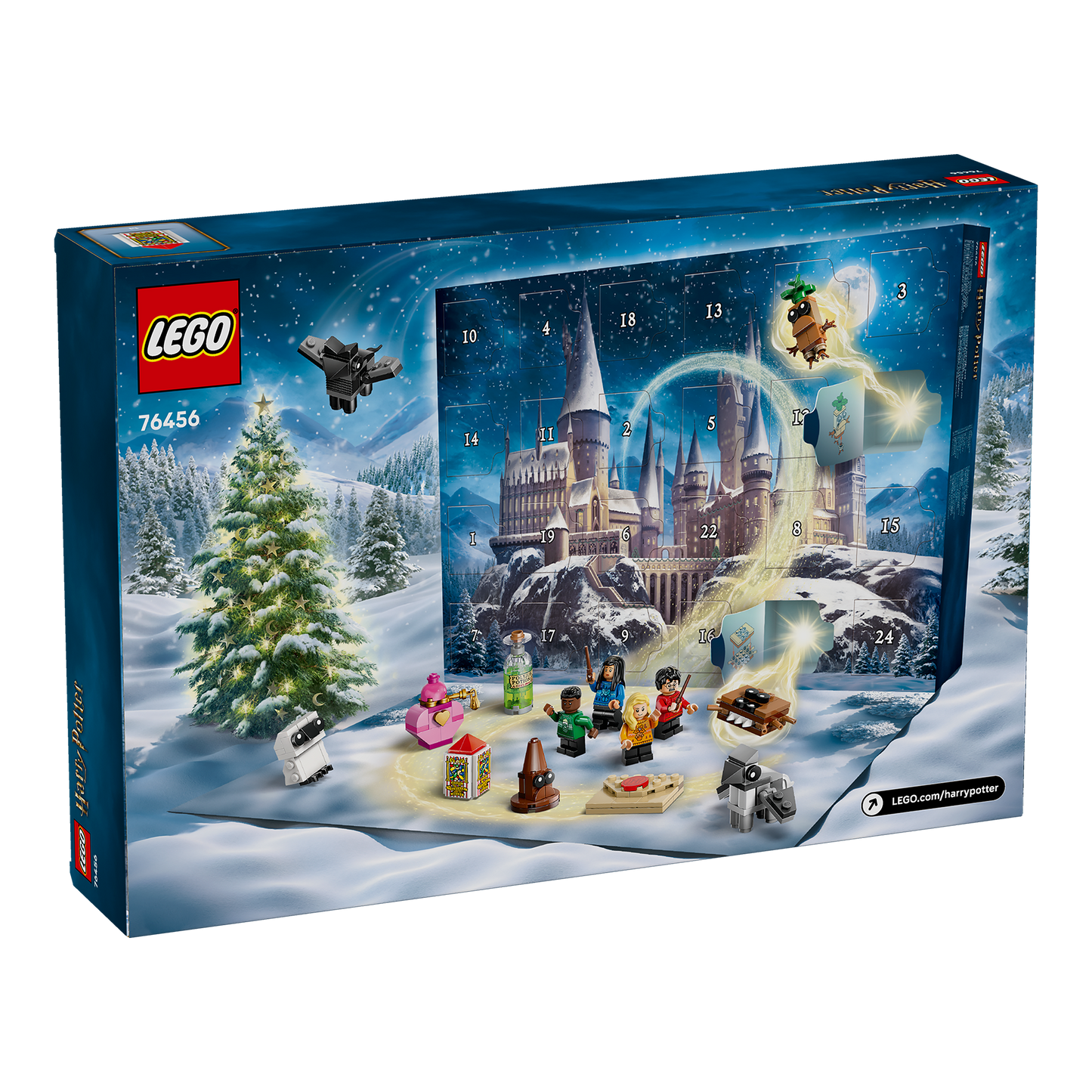 LEGO Harry Potter Advent Calendar packaging with snowy landscape and characters.