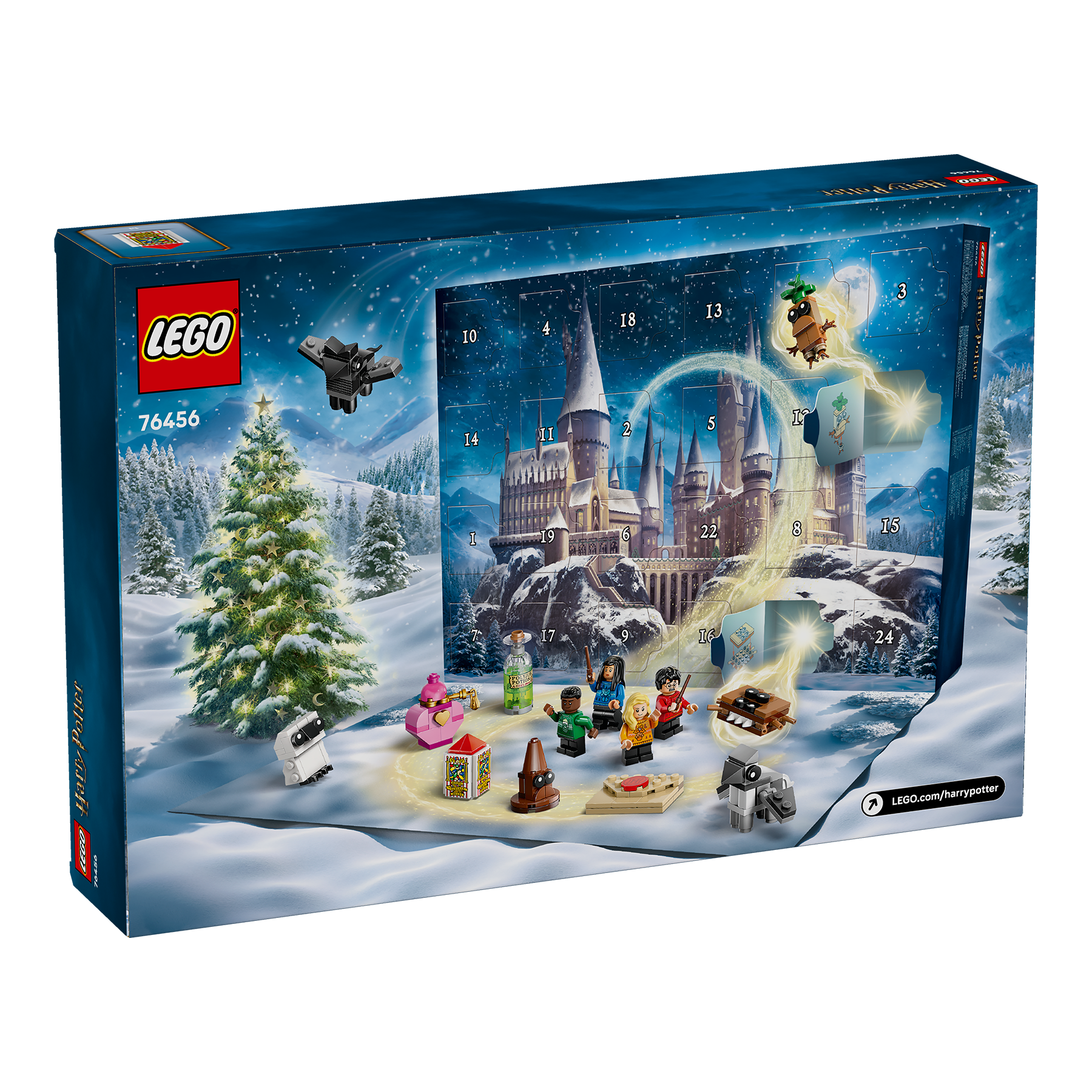 LEGO Harry Potter Advent Calendar packaging with snowy landscape and characters.