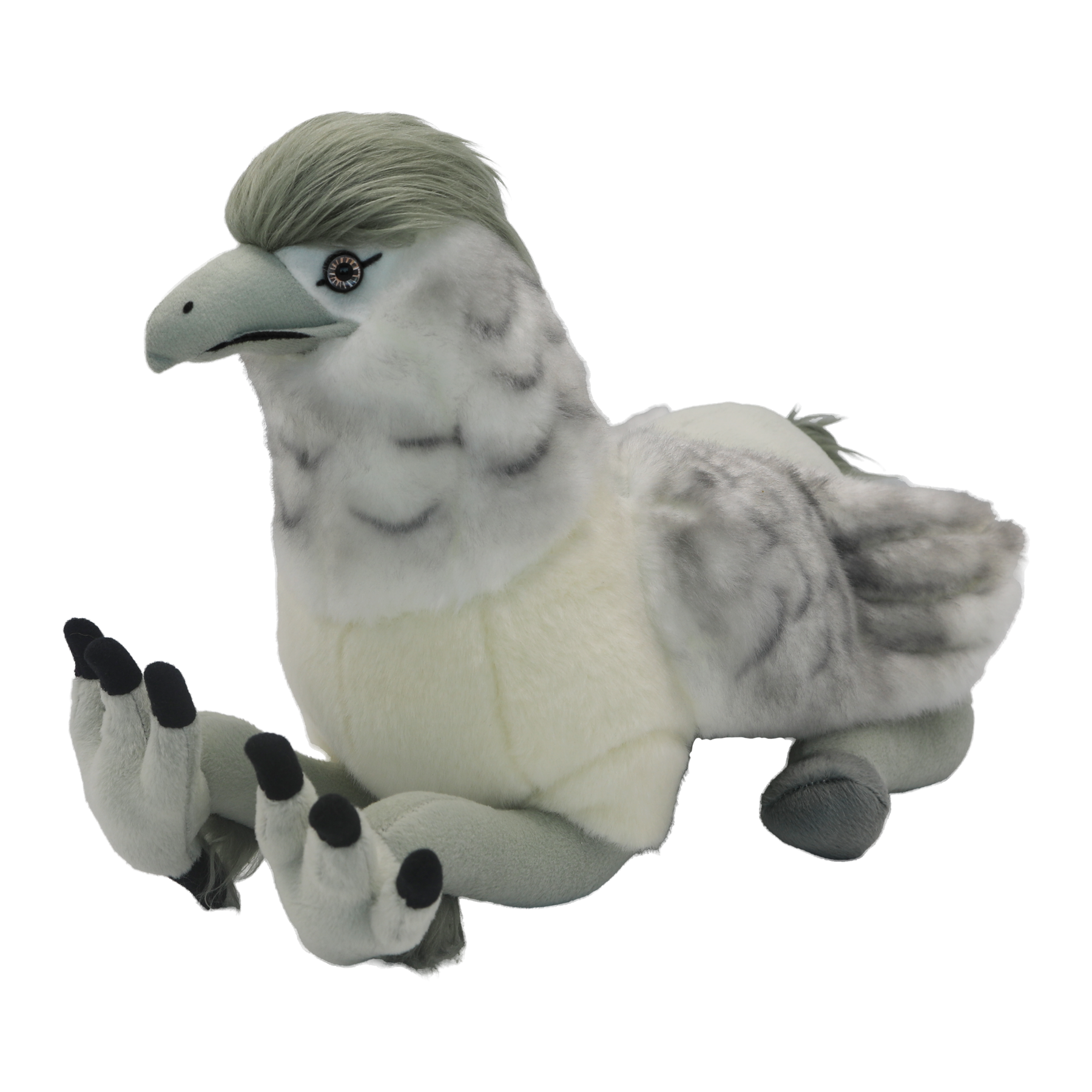 Plush toy Buckbeak with gray and white feathers on a white background