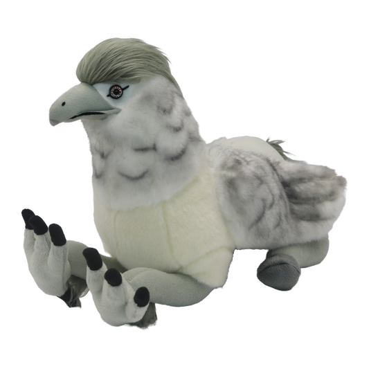 Plush toy Buckbeak with gray and white feathers on a white background
