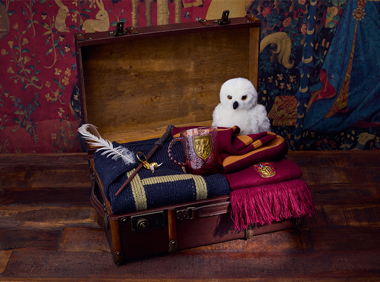 Wooden suitcase with Harry Potter-themed items including a mug, scarf, and owl plush toy on a wooden floor.