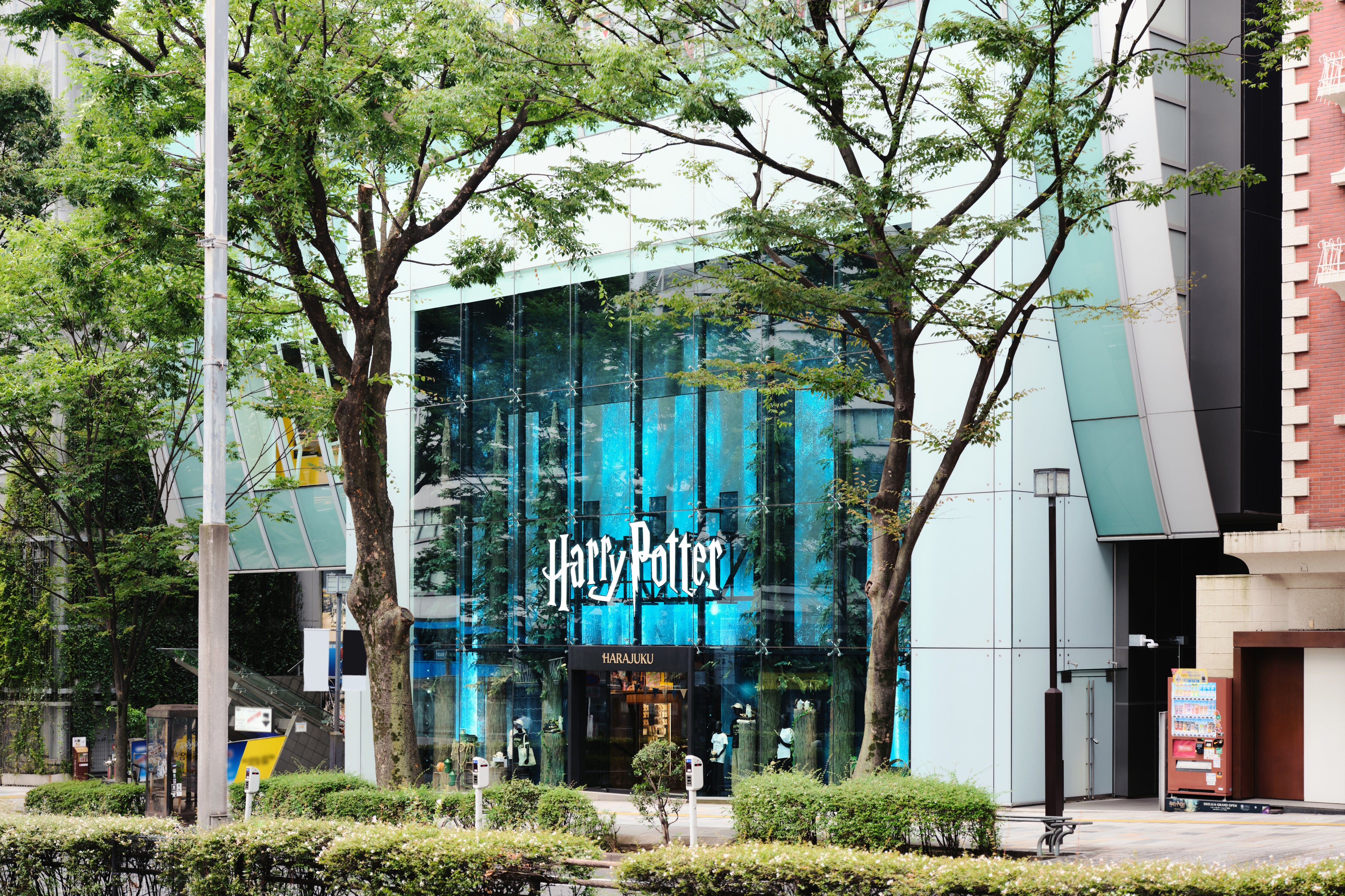 Harry Potter Shop Harajuku with glass facade and logo, surrounded by trees and buildings.