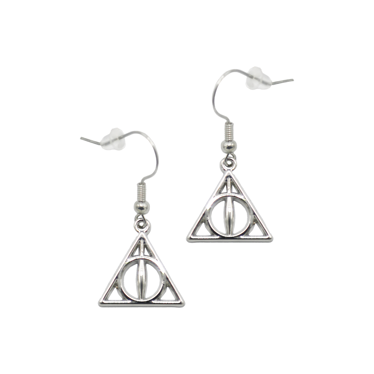 Silver triangular earrings of the Deathly Hallows symbol on a white background
