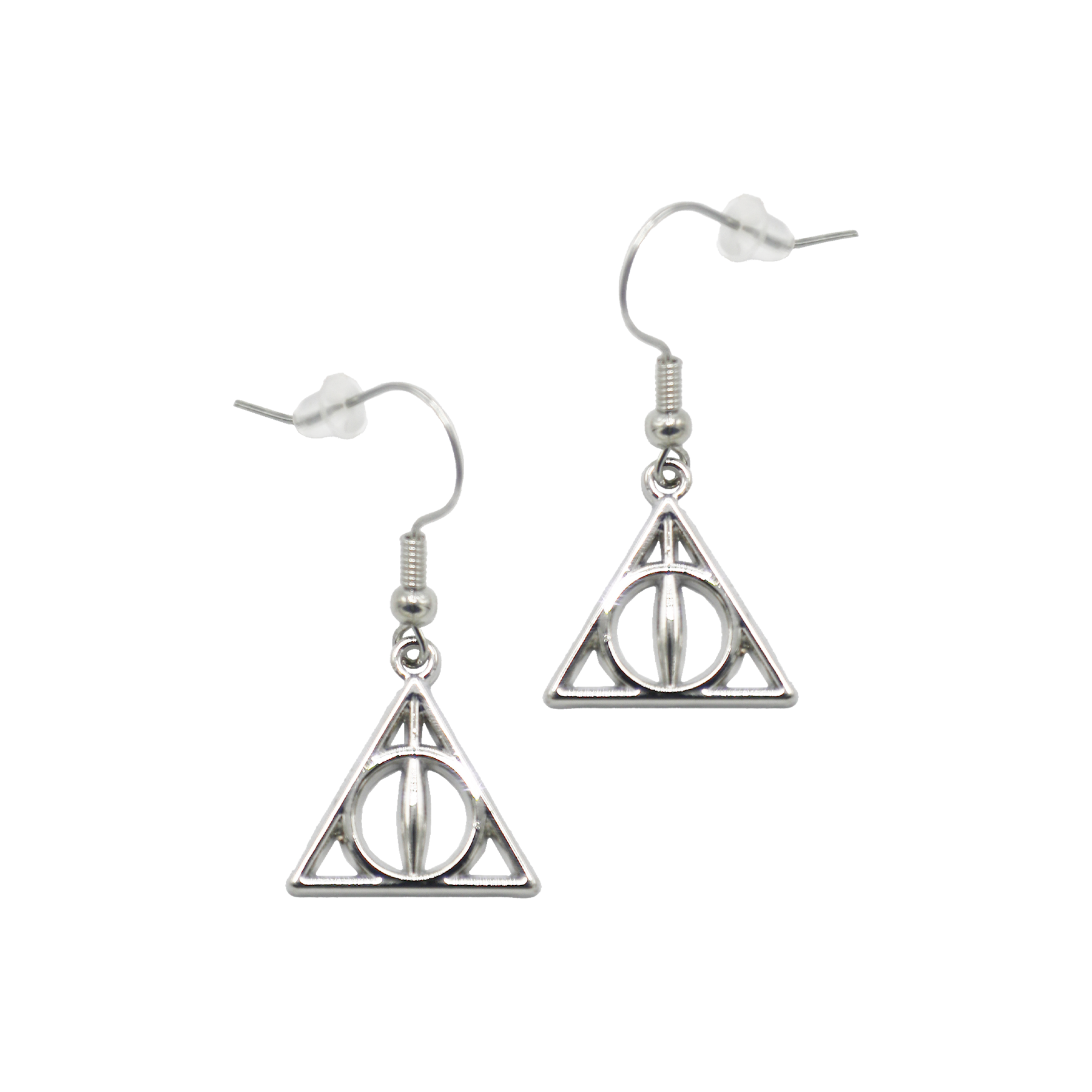 Silver triangular earrings of the Deathly Hallows symbol on a white background