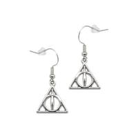 Silver triangular earrings of the Deathly Hallows symbol on a white background