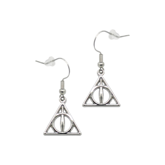 Silver triangular earrings of the Deathly Hallows symbol on a white background