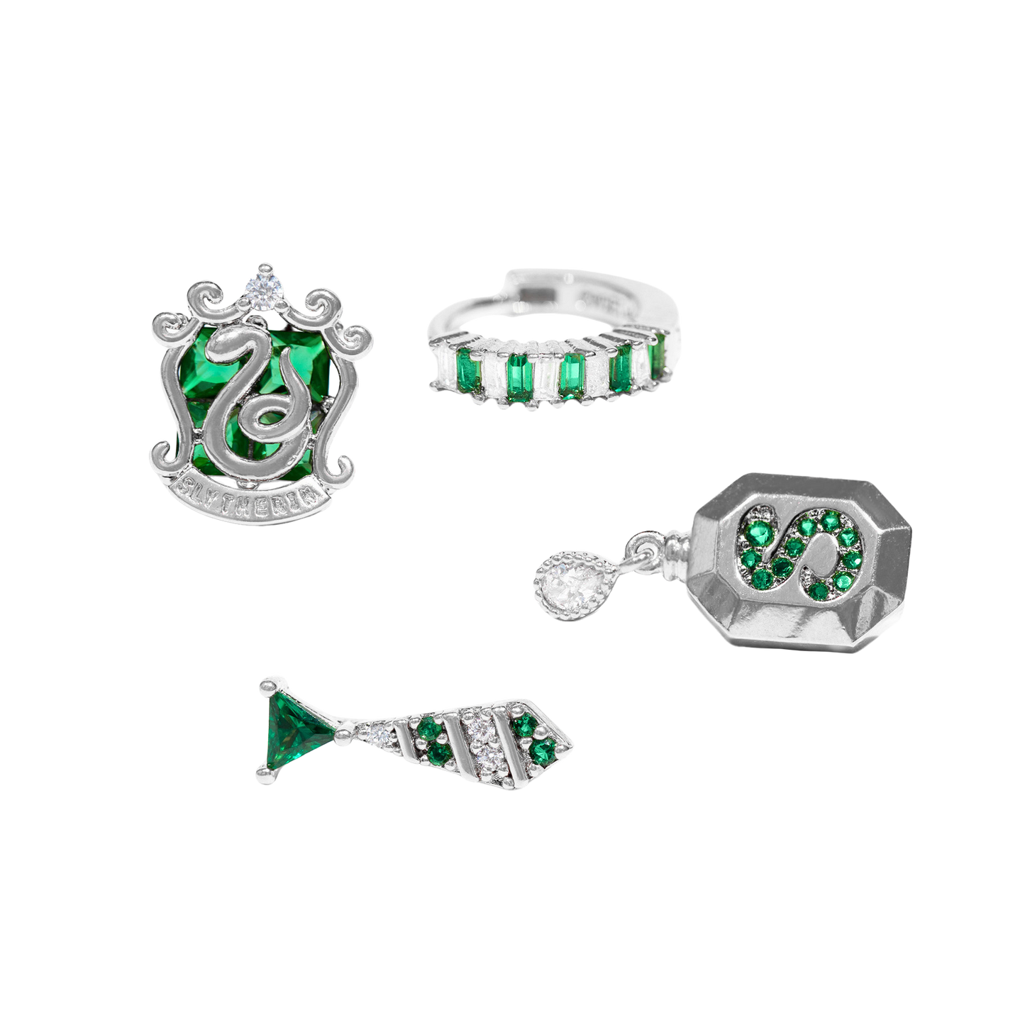 Set of silver Slytherin jewelry with green gemstones on a white background