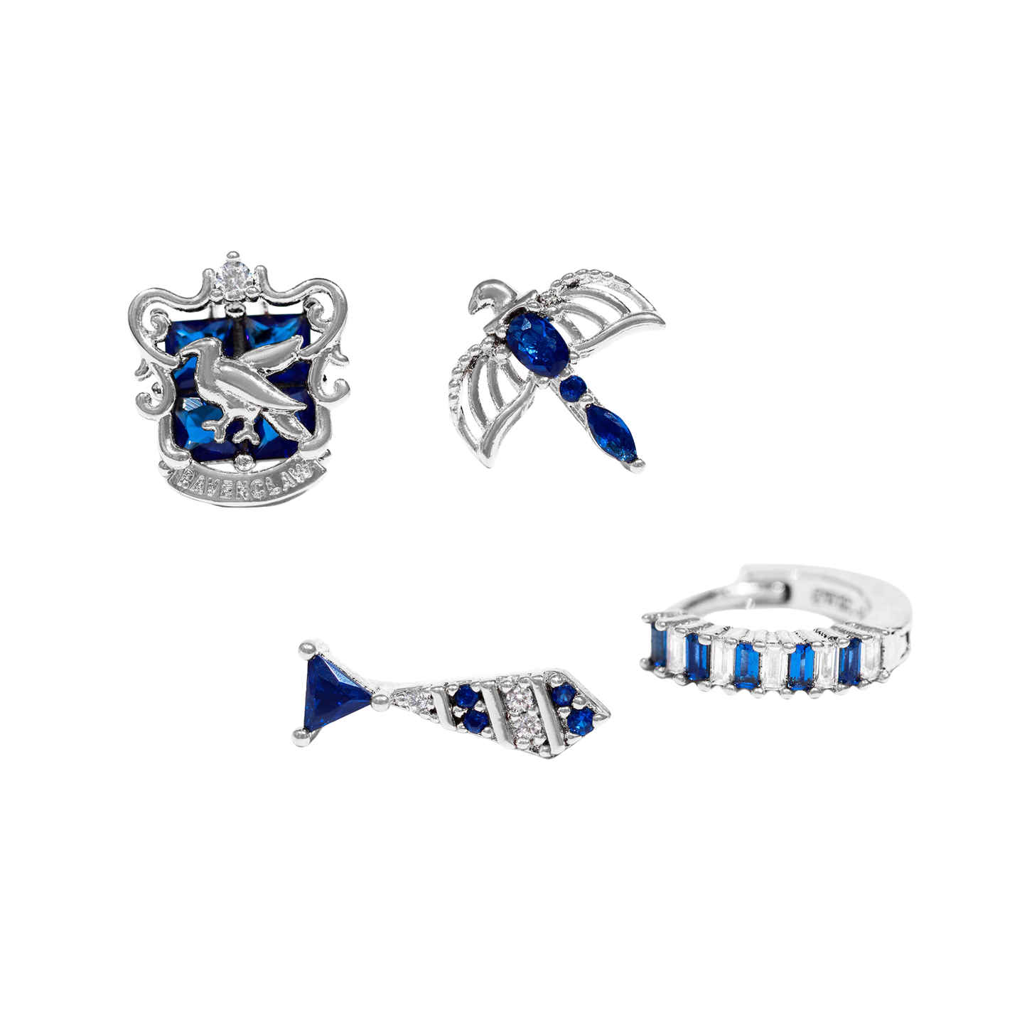 Set of silver and blue Ravenclaw jewelry pieces on a white background