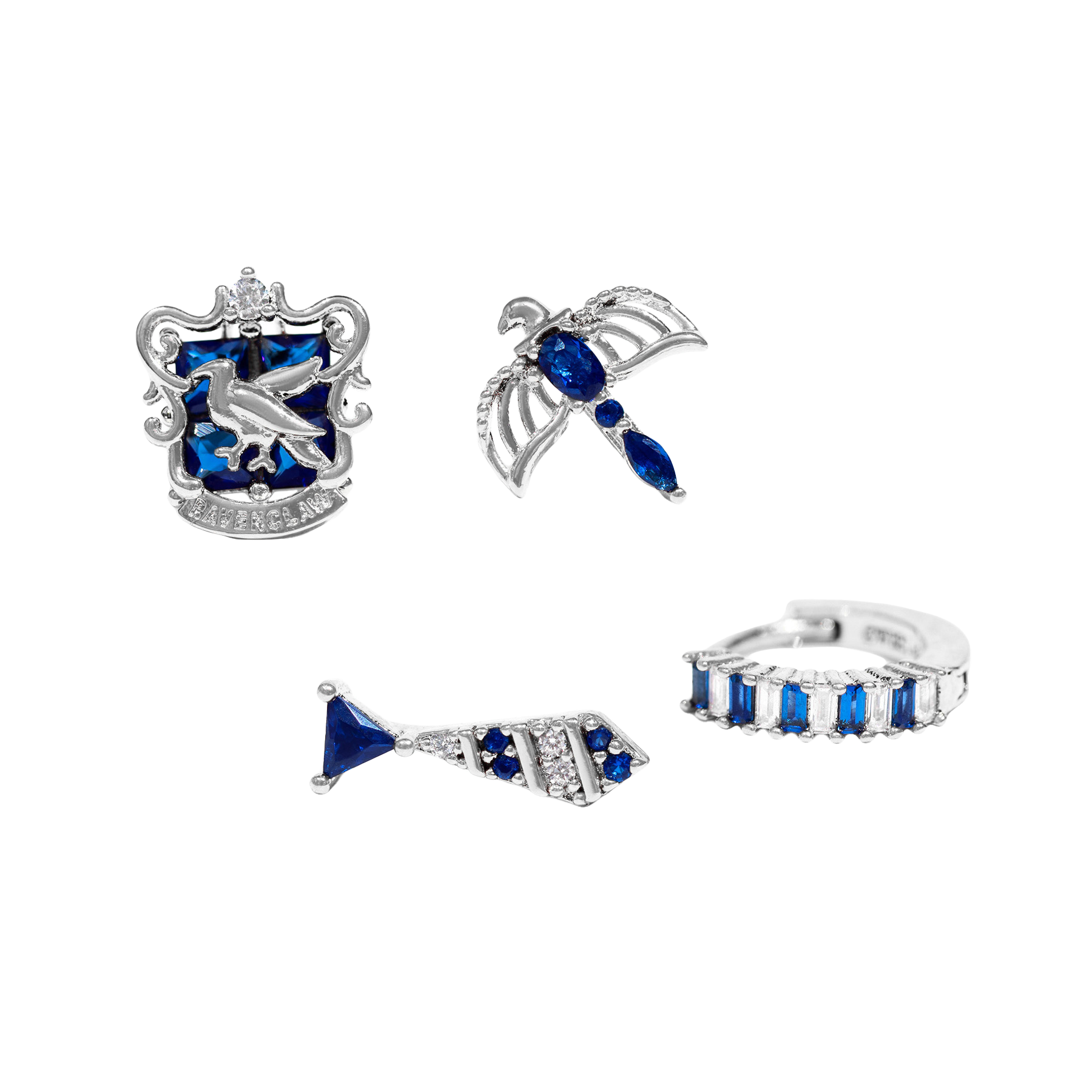 Set of silver and blue Ravenclaw jewelry pieces on a white background