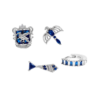 Set of silver and blue Ravenclaw jewelry pieces on a white background