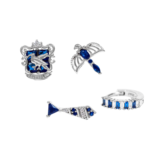 Set of silver and blue Ravenclaw jewelry pieces on a white background