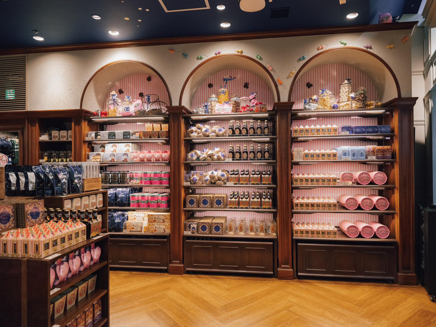 Shelves stocked with various products in a store setting