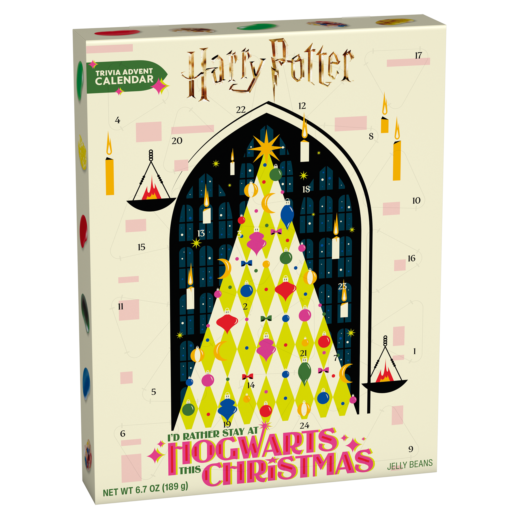 Harry Potter Jelly Bean Advent Calendar box featuring a colorful Christmas tree design inside an arched window, with numbered compartments and candy-themed illustrations on a cream background.