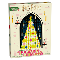 Harry Potter Jelly Bean Advent Calendar box featuring a colorful Christmas tree design inside an arched window, with numbered compartments and candy-themed illustrations on a cream background.