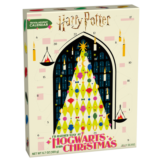 Harry Potter Jelly Bean Advent Calendar box featuring a colorful Christmas tree design inside an arched window, with numbered compartments and candy-themed illustrations on a cream background.