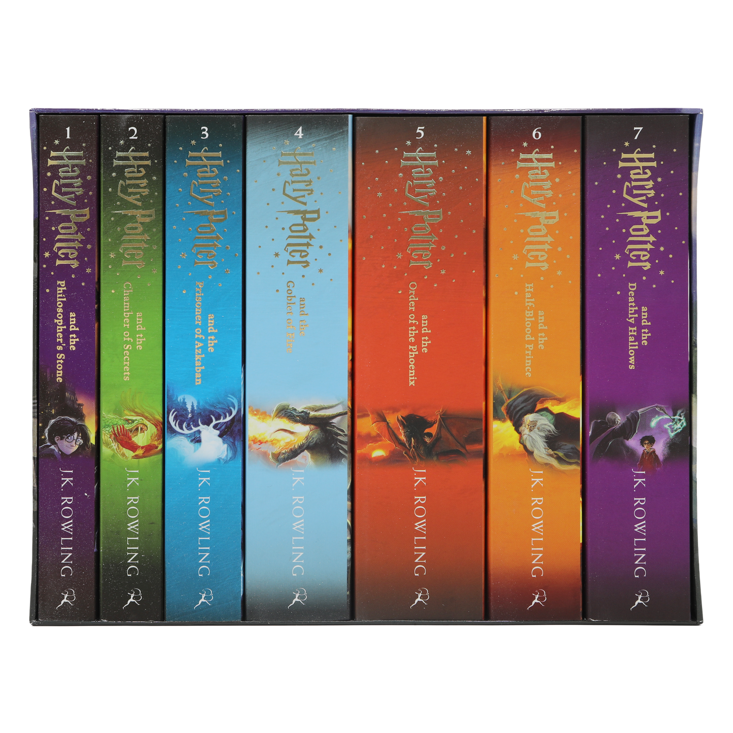 Set of 'Harry Potter' books with colorful covers on a white background