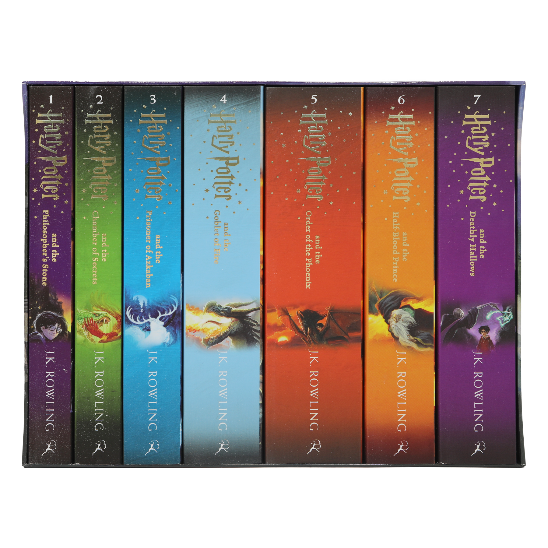 Set of 'Harry Potter' books with colorful covers on a white background