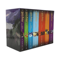 Box set of 'Harry Potter' books with colorful covers on a white background