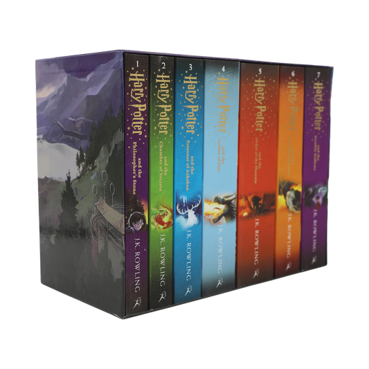 Box set of 'Harry Potter' books with colorful covers on a white background