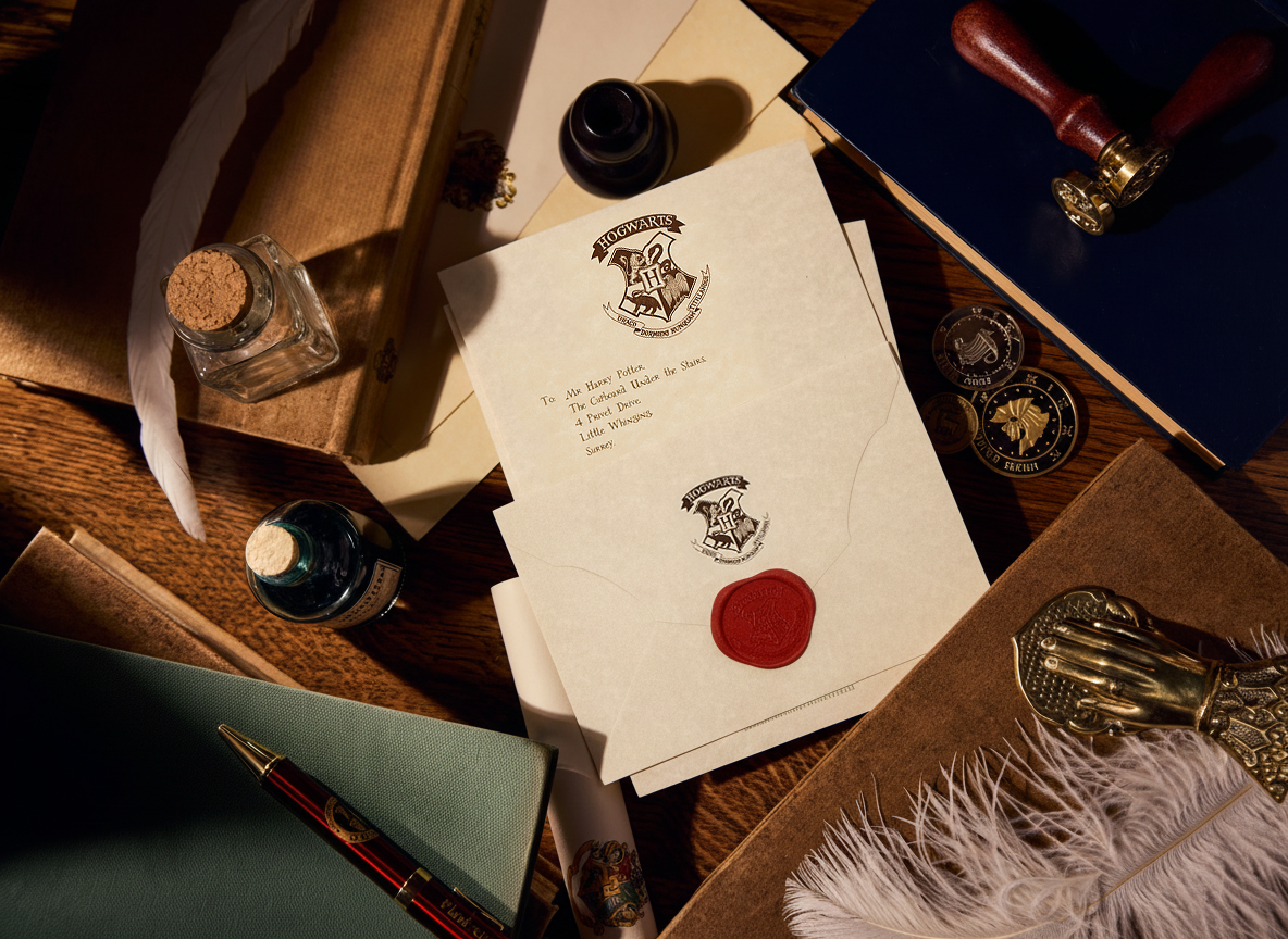 Hogwarts Acceptance Letter on a wooden desk top surrounded by inks, quills and notebooks