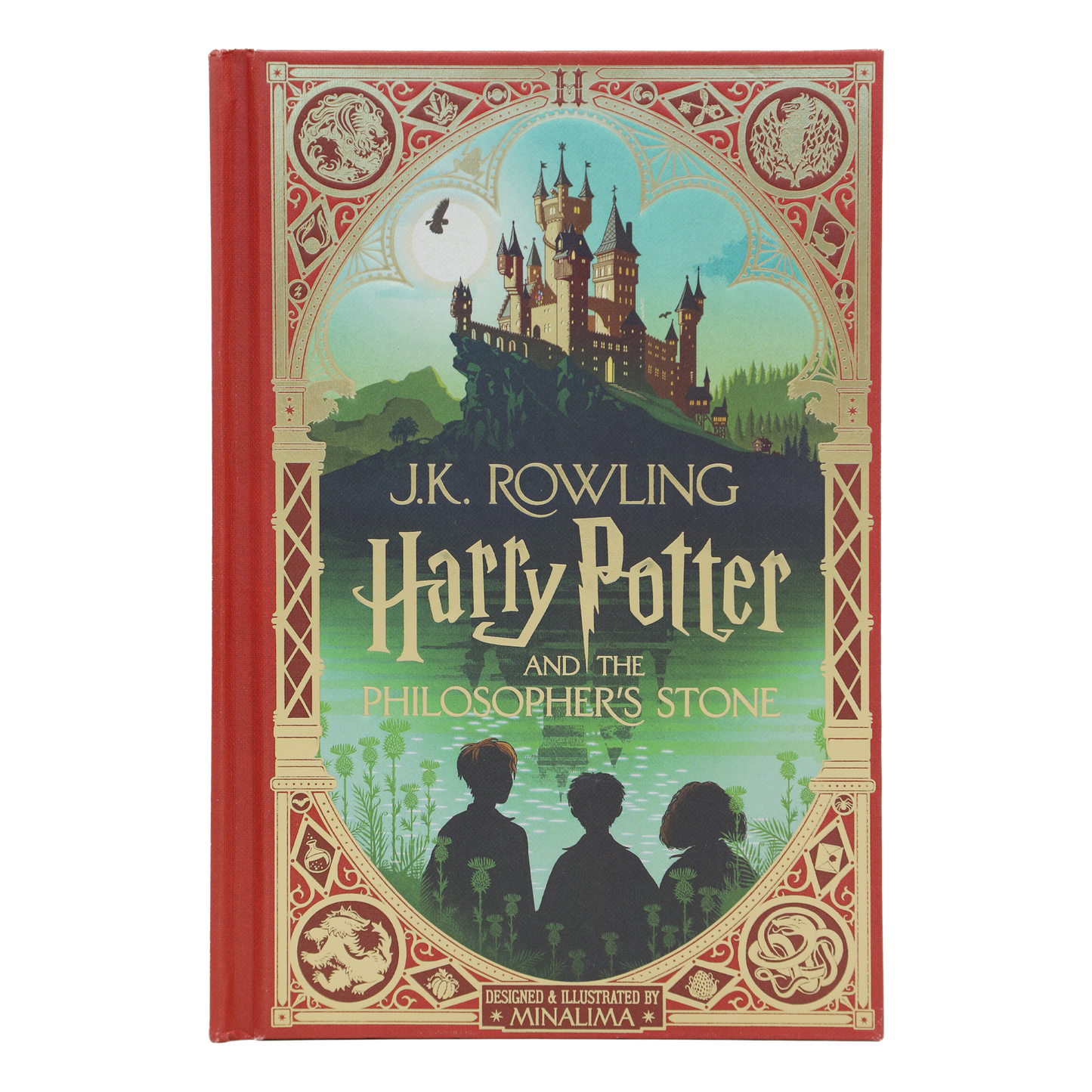 Book cover of 'Harry Potter and the Philosopher's Stone' with decorative elements and silhouette of characters.