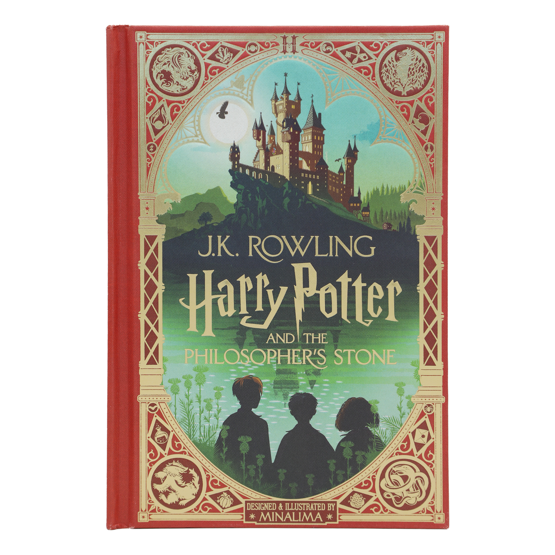 Book cover of 'Harry Potter and the Philosopher's Stone' with decorative elements and silhouette of characters.
