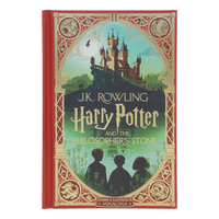 Book cover of 'Harry Potter and the Philosopher's Stone' with decorative elements and silhouette of characters.