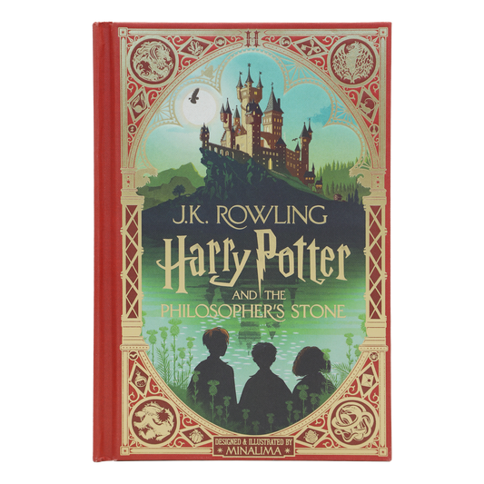 Book cover of 'Harry Potter and the Philosopher's Stone' with decorative elements and silhouette of characters.