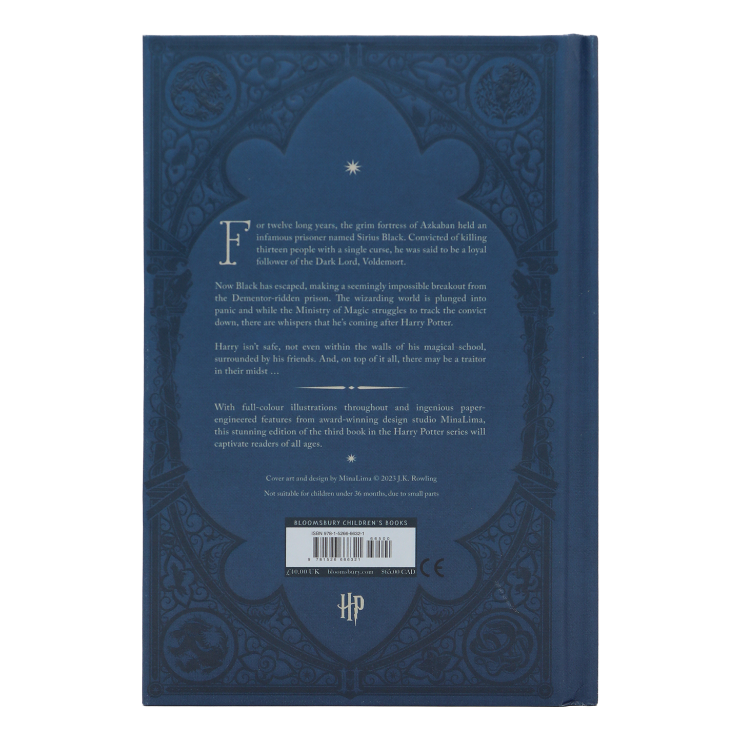 Back cover of The Prisoner Of Azkaban - Minalima Edition with intricate designs and text, featuring the Harry Potter series logo.