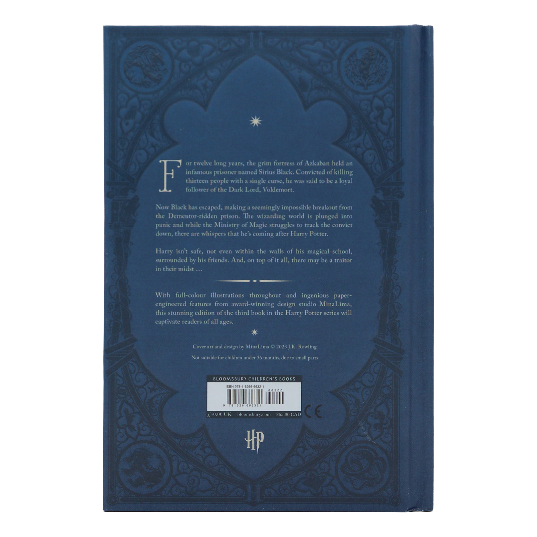 Back cover of The Prisoner Of Azkaban - Minalima Edition with intricate designs and text, featuring the Harry Potter series logo.