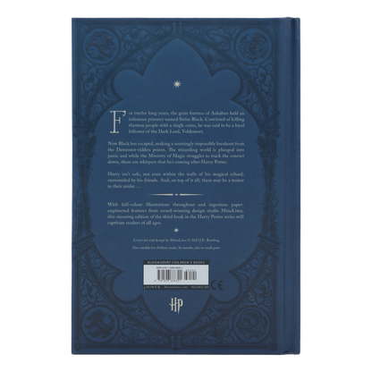 Back cover of The Prisoner Of Azkaban - Minalima Edition with intricate designs and text, featuring the Harry Potter series logo.