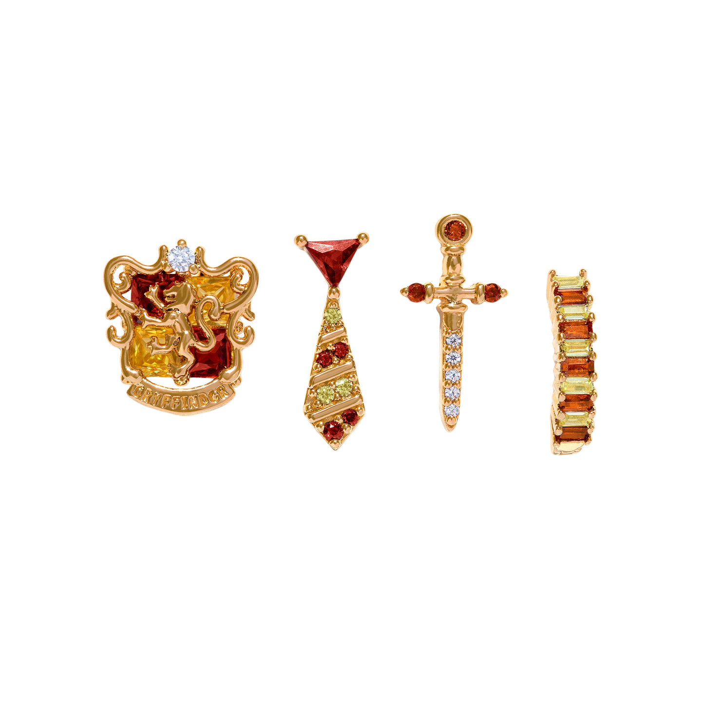 Set of gold and gemstone Gryffindor jewelry pieces on a white background