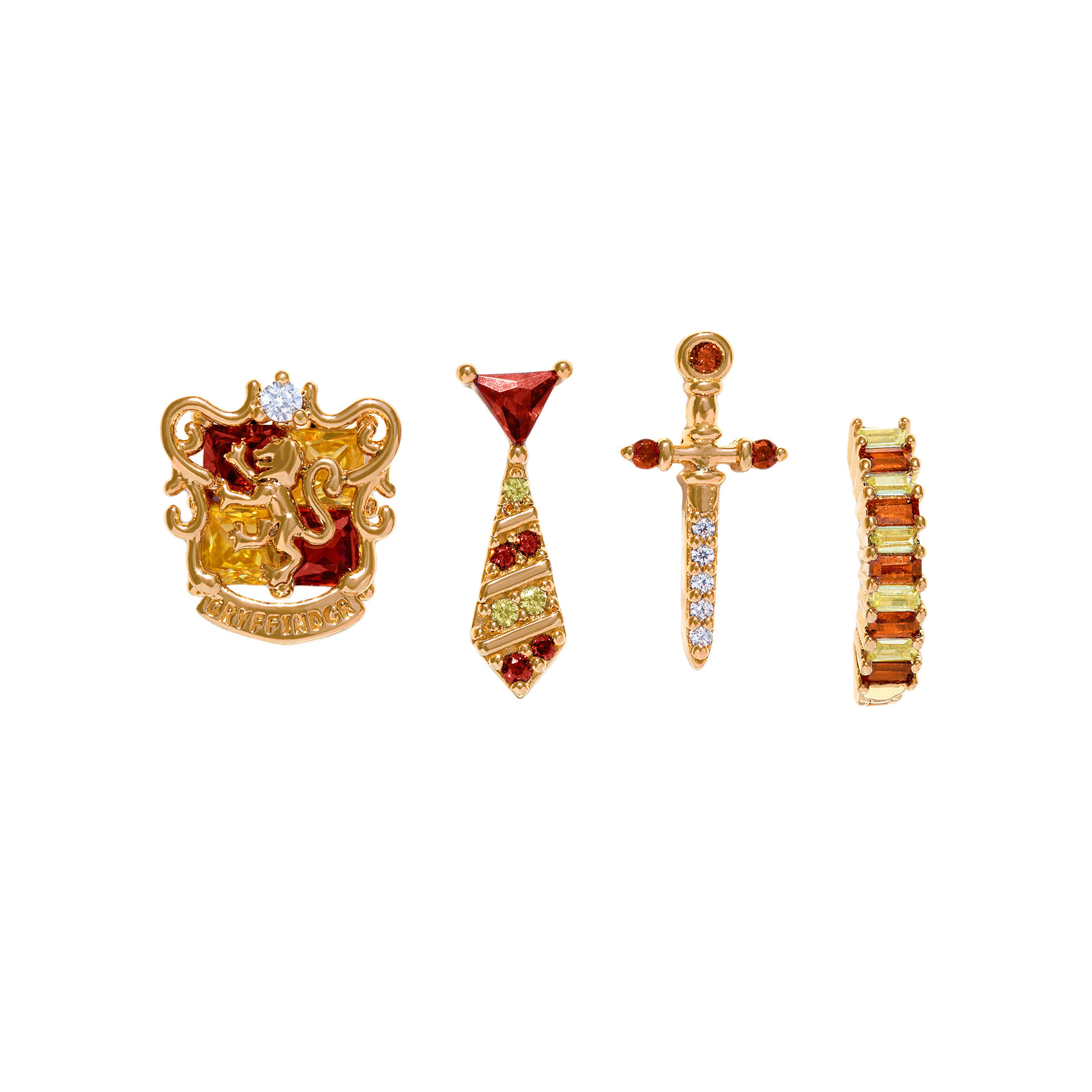 Set of gold and gemstone Gryffindor jewelry pieces on a white background