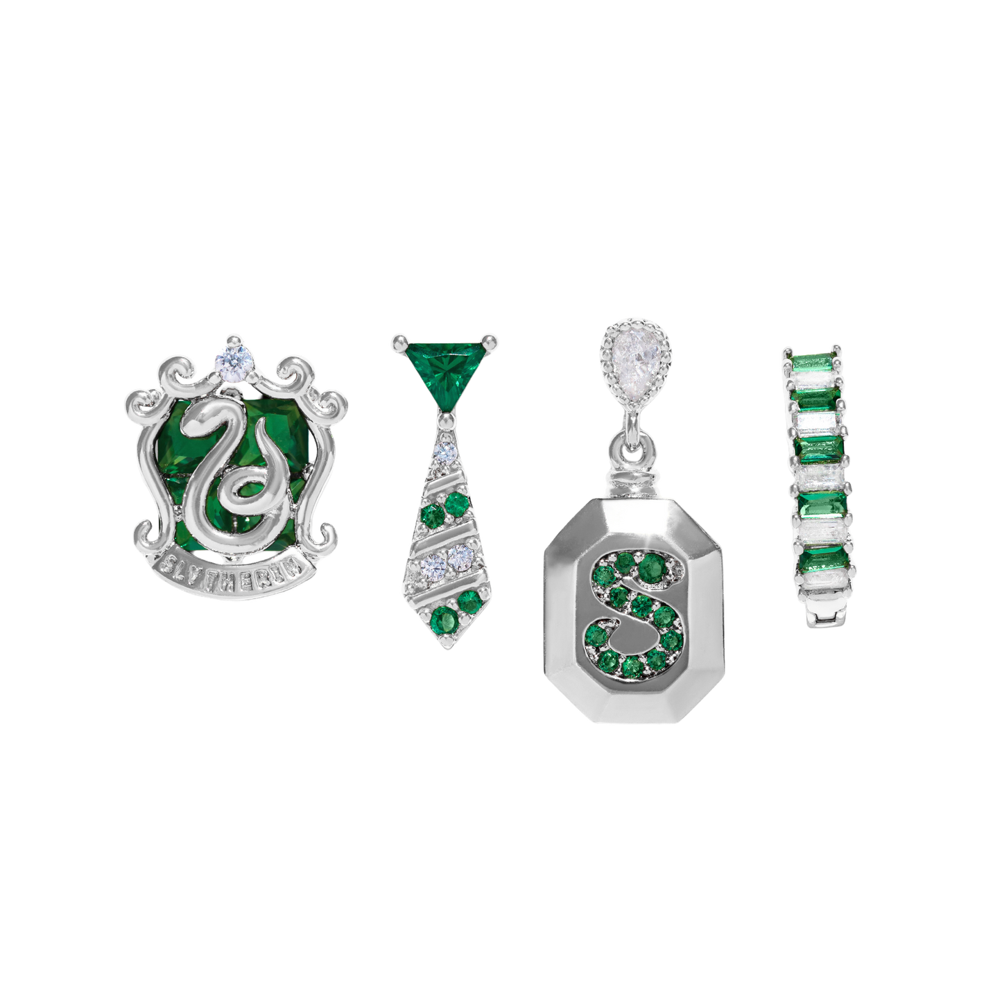 Set of silver Slytherin jewelry with green gemstones on a white background