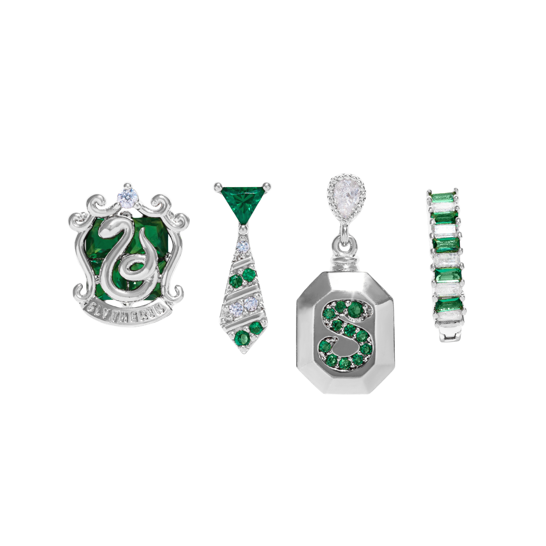 Set of silver Slytherin jewelry with green gemstones on a white background