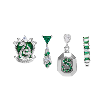 Set of silver Slytherin jewelry with green gemstones on a white background