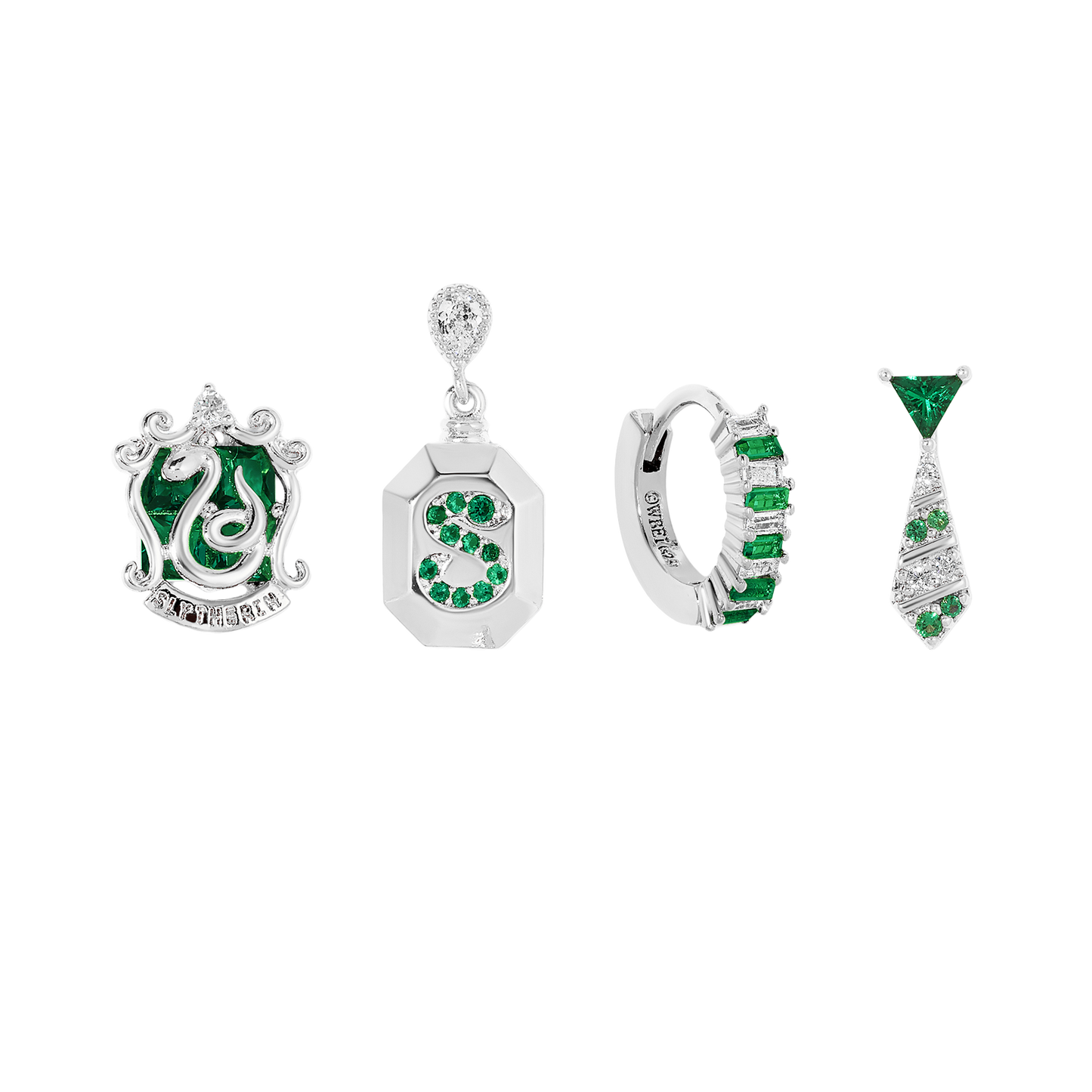 Set of silver Slytherin earrings with green gemstones on a white background