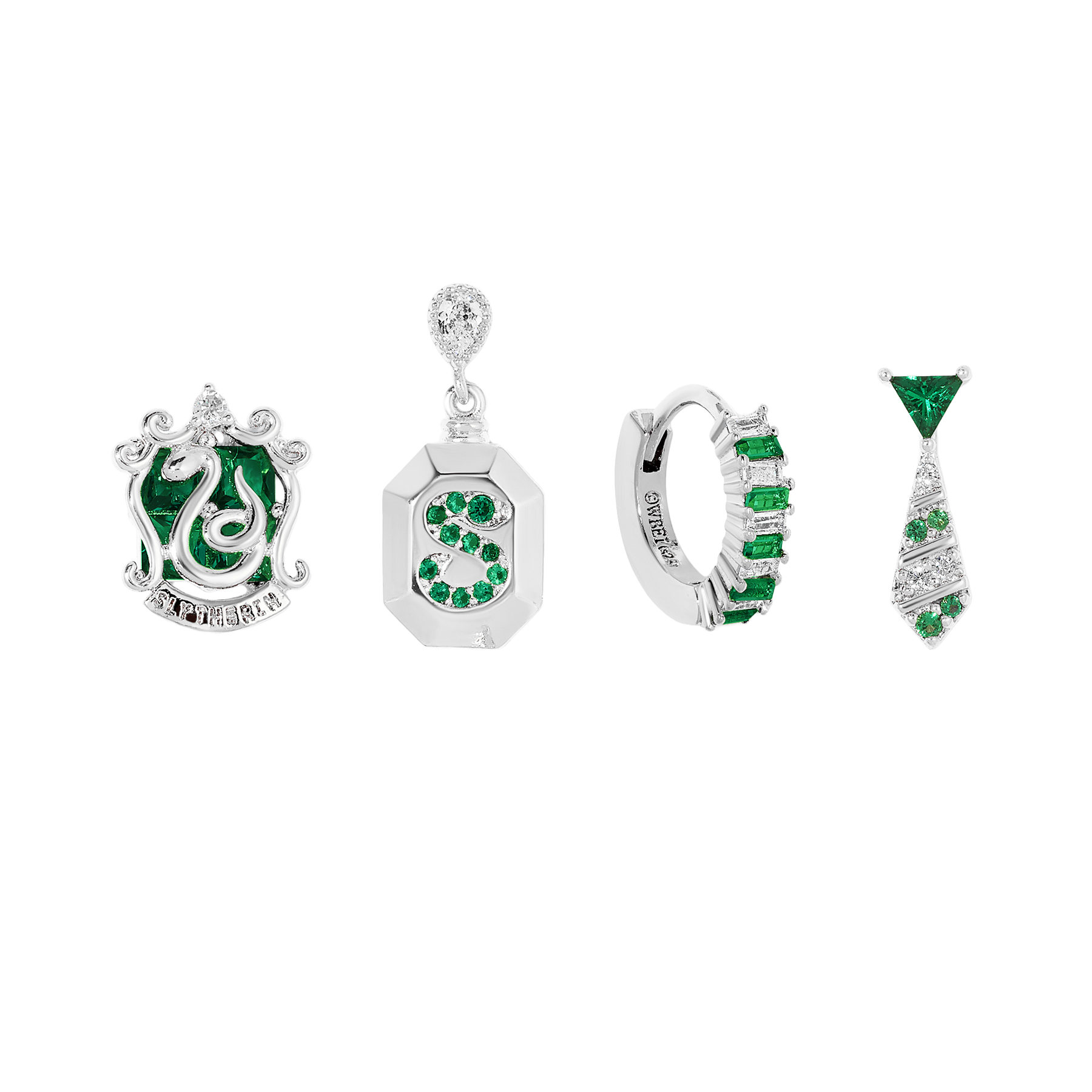 Set of silver Slytherin earrings with green gemstones on a white background