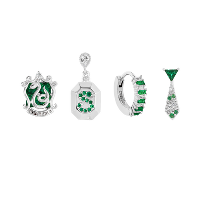 Set of silver Slytherin earrings with green gemstones on a white background